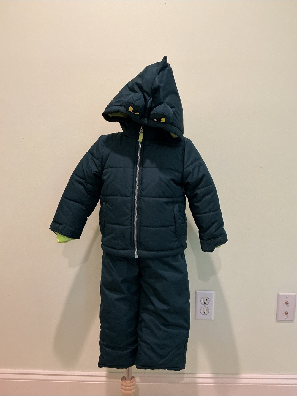 Carter's Dark Green Hooded Puffer Overalls Set with Lime Accents